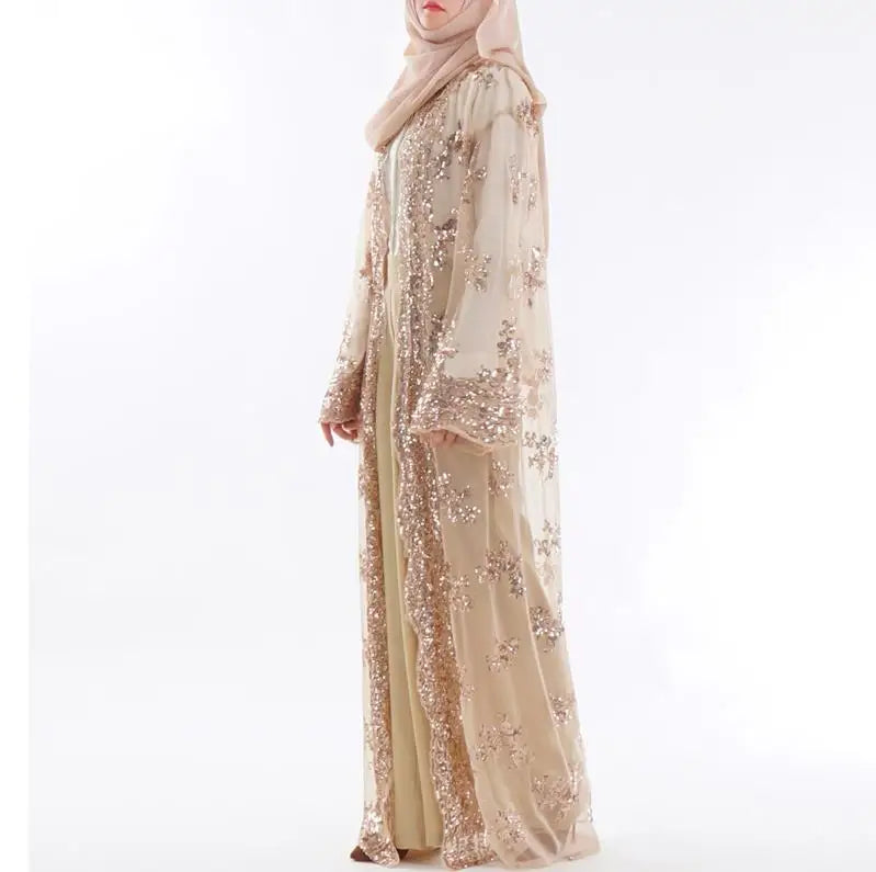 Abaya Dubai Women Long Sequined Lace Mesh Kimono