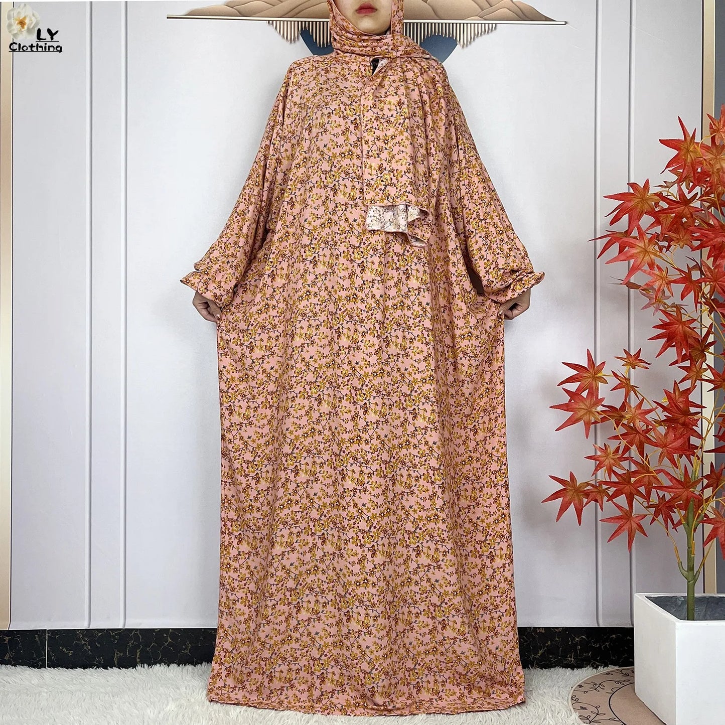 Abayas Maxi Cotton Robe Floral Loose African Style Dress Turban Attached