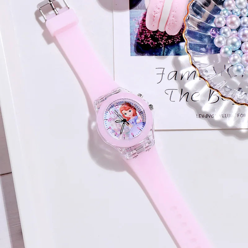 Disney Girls Kids Watches Children Watch Frozen Princess Aisha Sophia Luminous Student Colorful LED Light Women Lady Clock