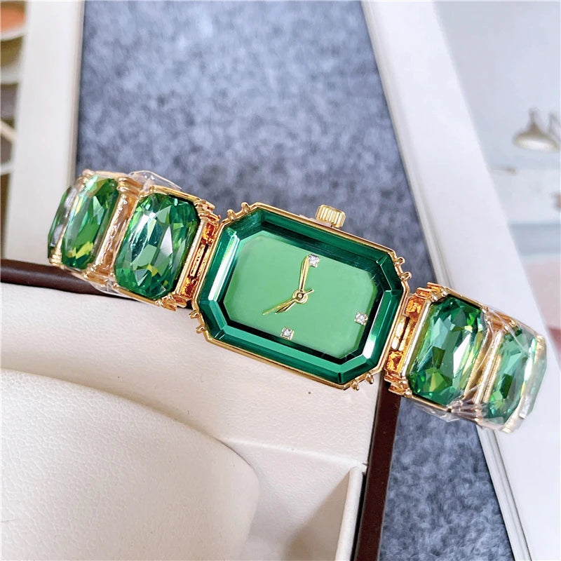 2024 Fashion Brand Wrist Watches Women Girl Beautiful Rectangle Colorful Gems Design Steel Metal Band Clock