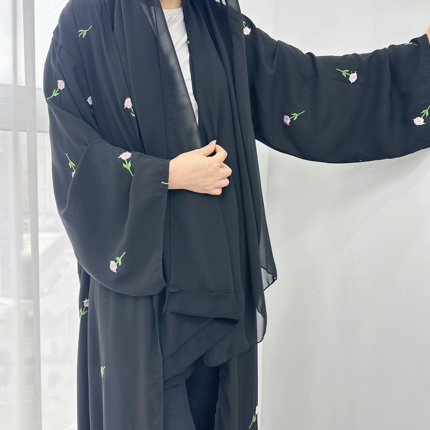 Black Embroidered Kimono Cardigan Abaya Dubai Luxury Style