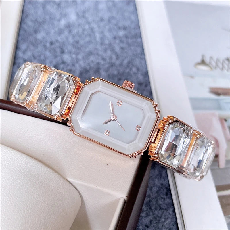 2024 Fashion Brand Wrist Watches Women Girl Beautiful Rectangle Colorful Gems Design Steel Metal Band Clock