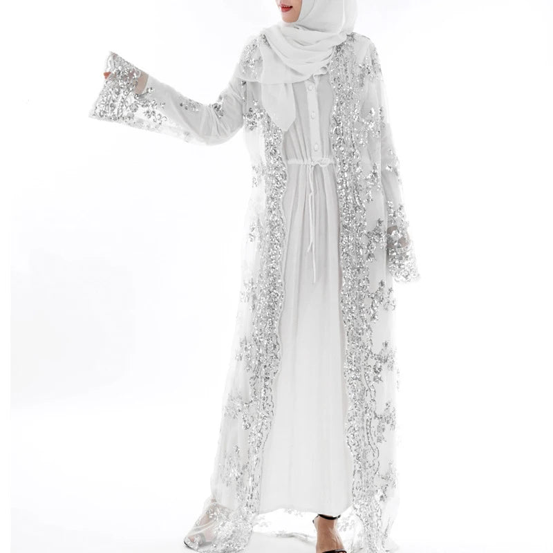 Abaya Dubai Women Long Sequined Lace Mesh Kimono