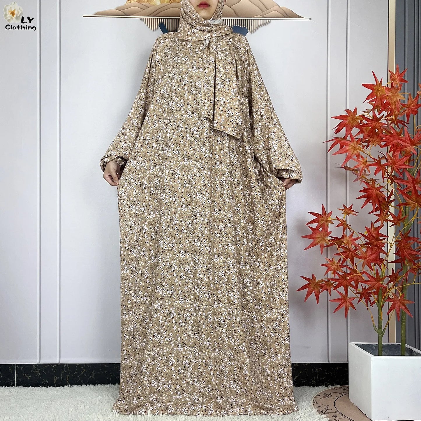 Abayas Maxi Cotton Robe Floral Loose African Style Dress Turban Attached